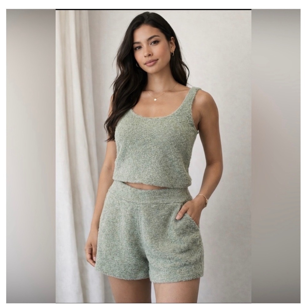 Abercrombie & Fitch Lounge Set L Sage Green Fuzzy Knit Tank & Shorts NWT Cozy